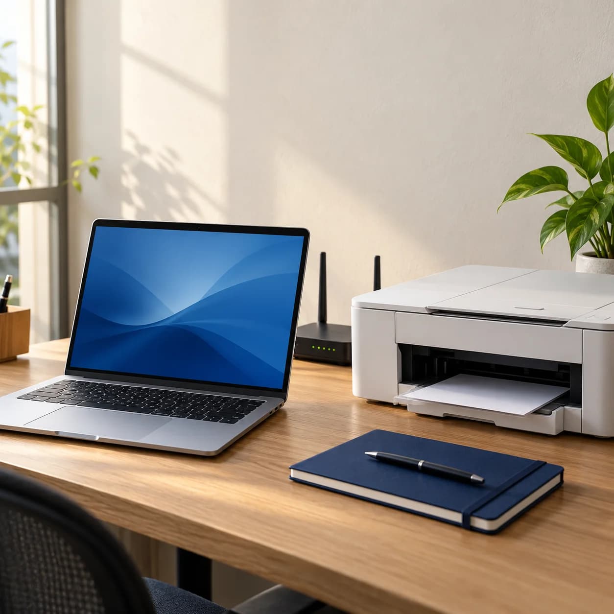 Office laptop and printer on a desk